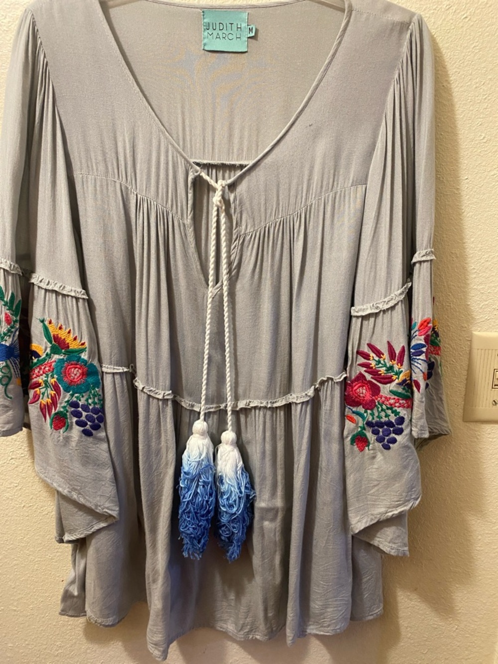 Judith March Light Gray Boho Tunic with Blue Ombre Tassels - Only wore once